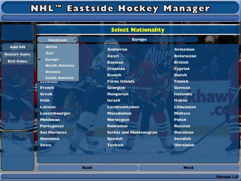 NHL Eastside Hockey Manager (Windows) screenshot: The player can play in just about any ice hockey league on any continent.