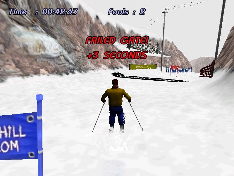 Downhill Slalom (Windows) screenshot: Slalom: missing a gate incurs a 3 second penalty. Five errors and the player is disqualified.