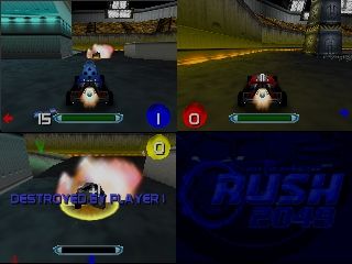 San Francisco Rush 2049 (Nintendo 64) screenshot: 3-player on Battle mode