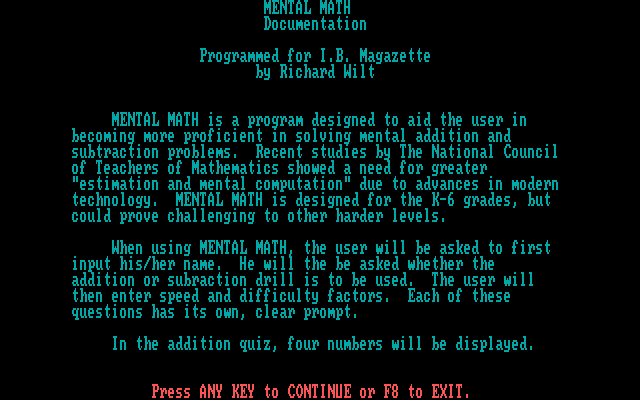 My Math Tutor (DOS) screenshot: Mental Math includes instructions on how to play