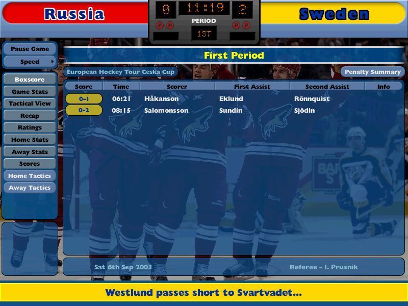 NHL Eastside Hockey Manager (Windows) screenshot: There is no animation in this game. This is the Boxscore match view, here showing an international match. A commentary is shown at the bottom of the screen in the appropriate team colours