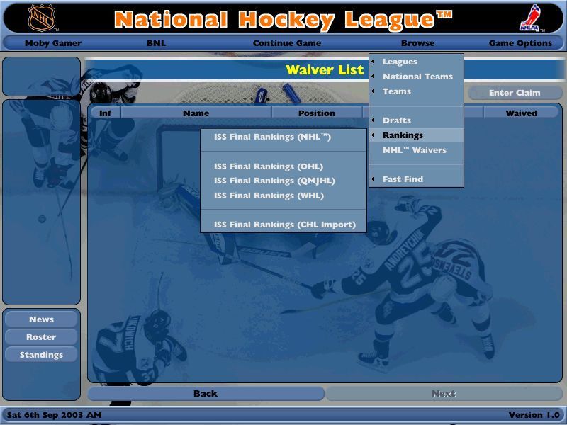 NHL Eastside Hockey Manager (Windows) screenshot: Waivers are a way of making a player's contract available to other teams. Once again there are a multitude of options to be considered