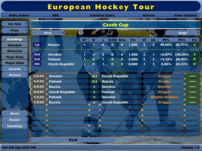 NHL Eastside Hockey Manager (Windows) screenshot: It's Sept 6th 2003, the Newcastle Vipers do not play until the 20th. This is one of the pre-season international competitions that the player can watch or even take charge of a team