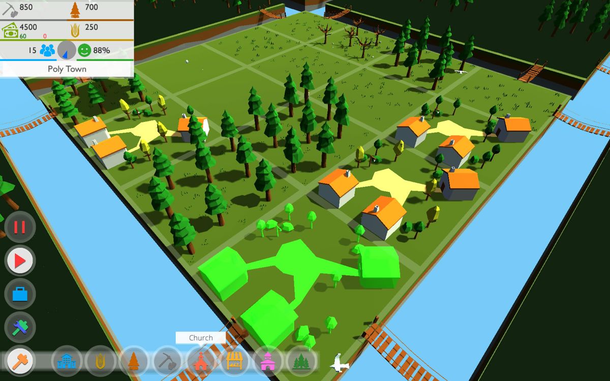 Poly Towns (Windows) screenshot: The green form shows you can build here.