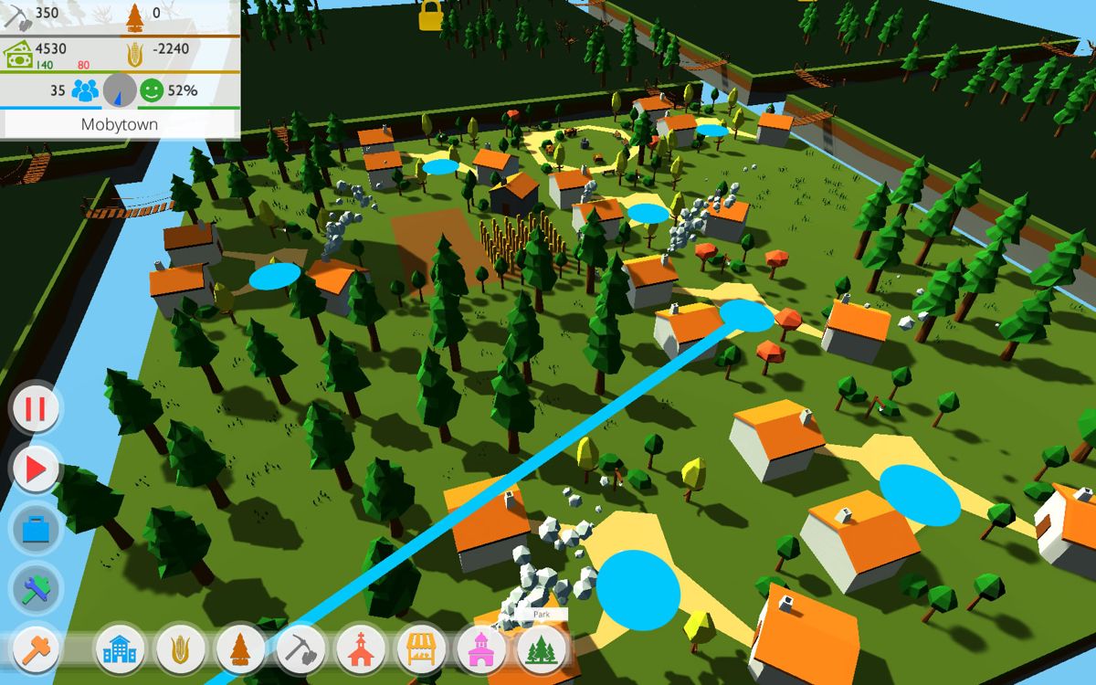 Poly Towns (Windows) screenshot: The blue lines are used to assign jobs such as working on the farm, the mine or cutting down trees.