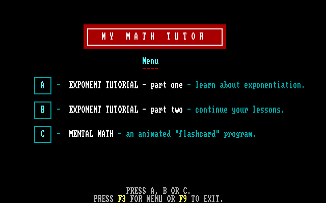 My Math Tutor (DOS) screenshot: The main menu