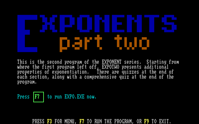 My Math Tutor (DOS) screenshot: Exponents Part II introduction