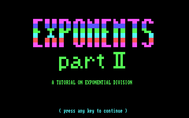My Math Tutor (DOS) screenshot: Exponents Part II title screen