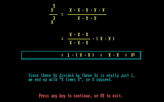 My Math Tutor (DOS) screenshot: Learn more about dividing exponents