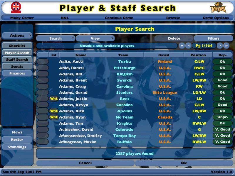 NHL Eastside Hockey Manager (Windows) screenshot: The Newcastle Vipers are the player's chosen team. This is a screen which searches for new players to bring into the club