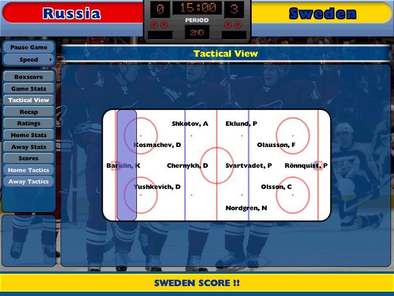 NHL Eastside Hockey Manager (Windows) screenshot: There is no animation in this game. This is the Tactical match view. A commentary is shown at the bottom of the screen in the colours of the team being commented on