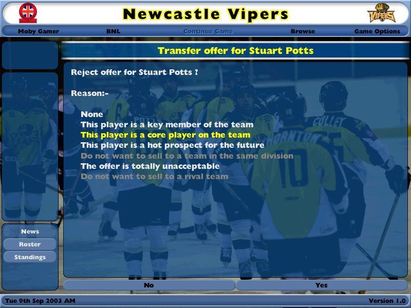 NHL Eastside Hockey Manager (Windows) screenshot: Another team wants one of Newcastle's players, he must be good then