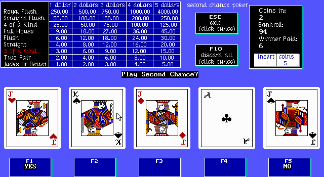 Poker Galore (DOS) screenshot: In Second Chance Poker, you can still win after you lose a hand.