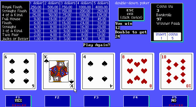Poker Galore (DOS) screenshot: Three Double-Down wins in a row? Better cash out before I lose it all!