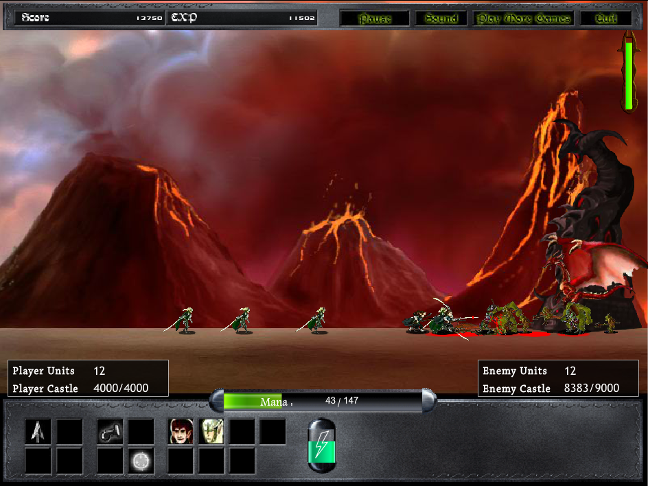 Epic War (Browser) screenshot: an enemy dragon defending the castle against hobbits and elfes