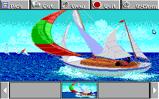 Electric Jigsaw (DOS) screenshot: Sailboat picture is examined (EGA / Tandy)