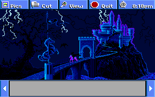 Electric Jigsaw (DOS) screenshot: Castle picture is animated with a mysterious rider (VGA)