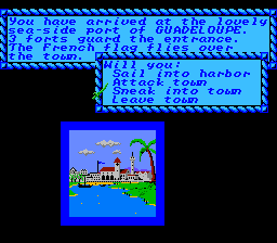 Sid Meier's Pirates! (NES) screenshot: What to do with the town?