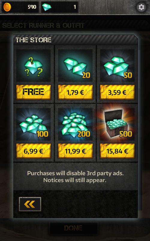 Maze Runner: The Scorch Trials (Android) screenshot: In-app purchases for the premium gems currency