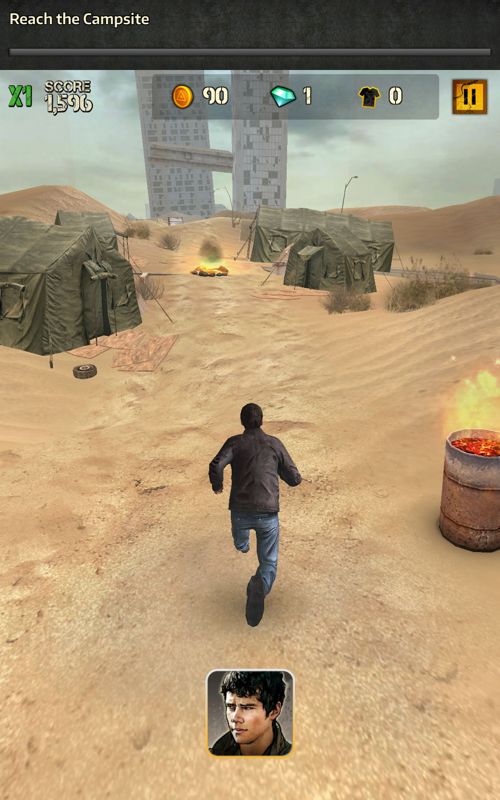 Maze Runner: The Scorch Trials (Android) screenshot: Thomas reaches the campsite that acts as a checkpoint.