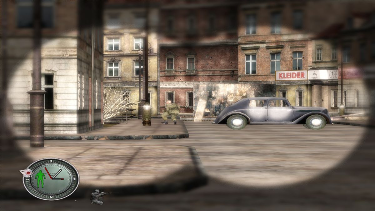 Sniper Elite (Windows) screenshot: Observing enemy movement through a binocular