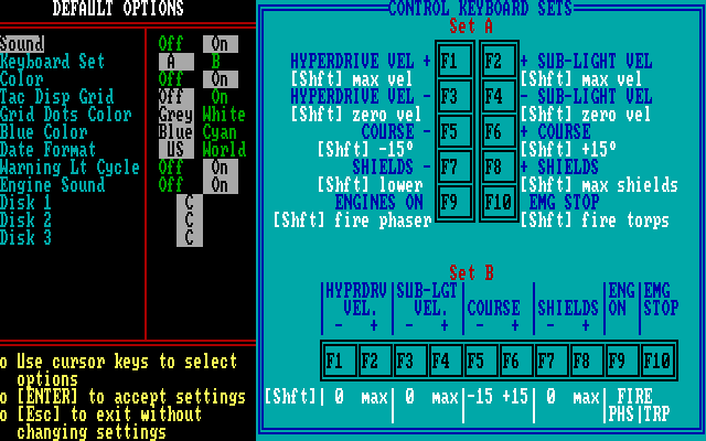Star Fleet II: Krellan Commander (DOS) screenshot: Default Settings screen