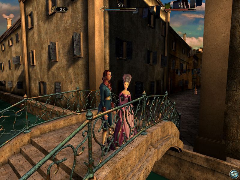 Casanova: The Duel of the Black Rose (Windows) screenshot: We meet a lady on a bridge. The two hearts in the lower right means we can begin the seduction conversation
