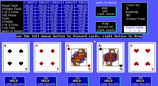 Poker Galore (DOS) screenshot: Wow, three of a kind, do I risk getting a fourth one?