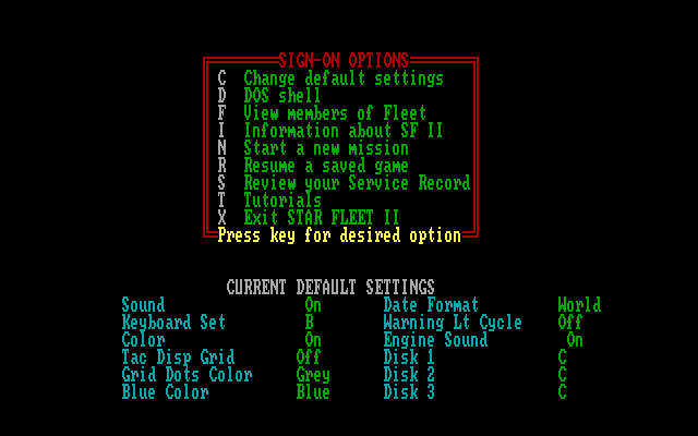 Star Fleet II: Krellan Commander (DOS) screenshot: Main menu