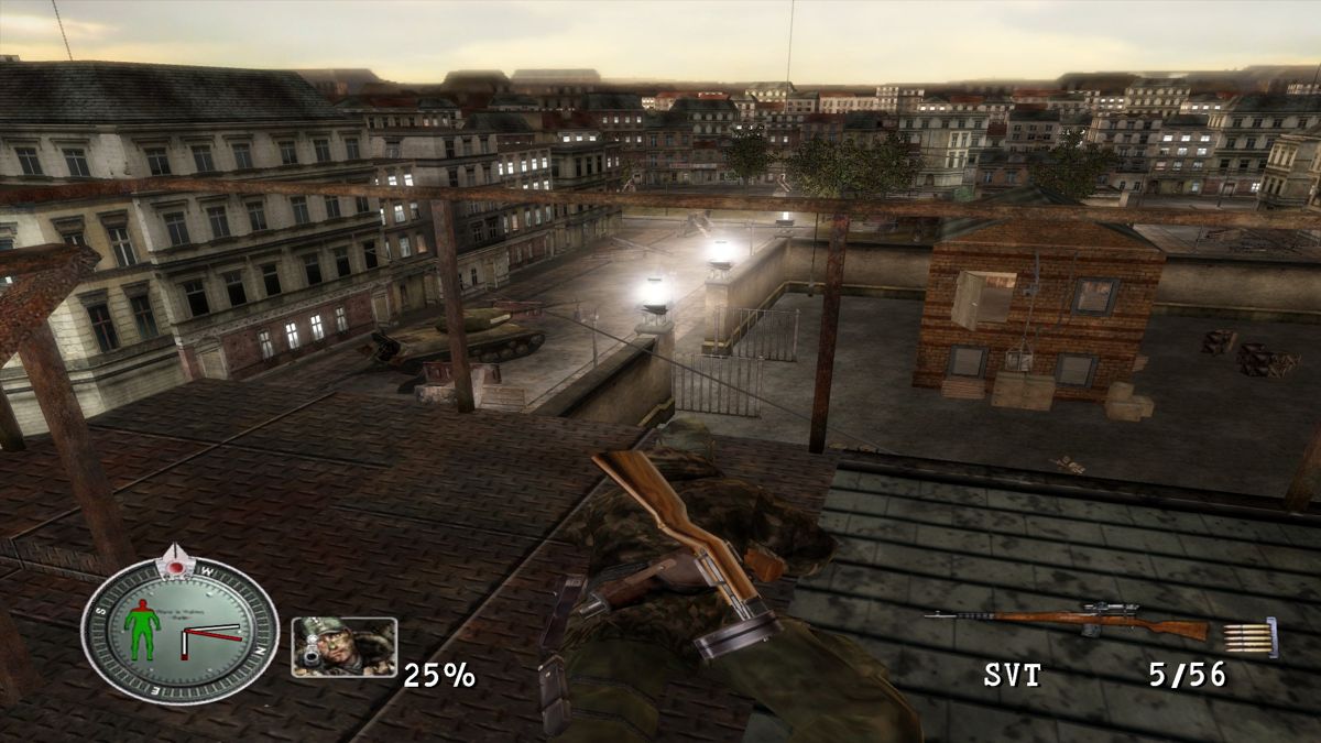 Sniper Elite (Windows) screenshot: Destroying the Soviet tank by hitting its tank cap