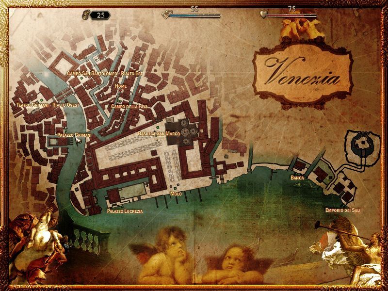 Casanova: The Duel of the Black Rose (Windows) screenshot: Casanova rings the bell whenever he wants to summon a gondola to travel around Venice. This is the map used to move to a new location