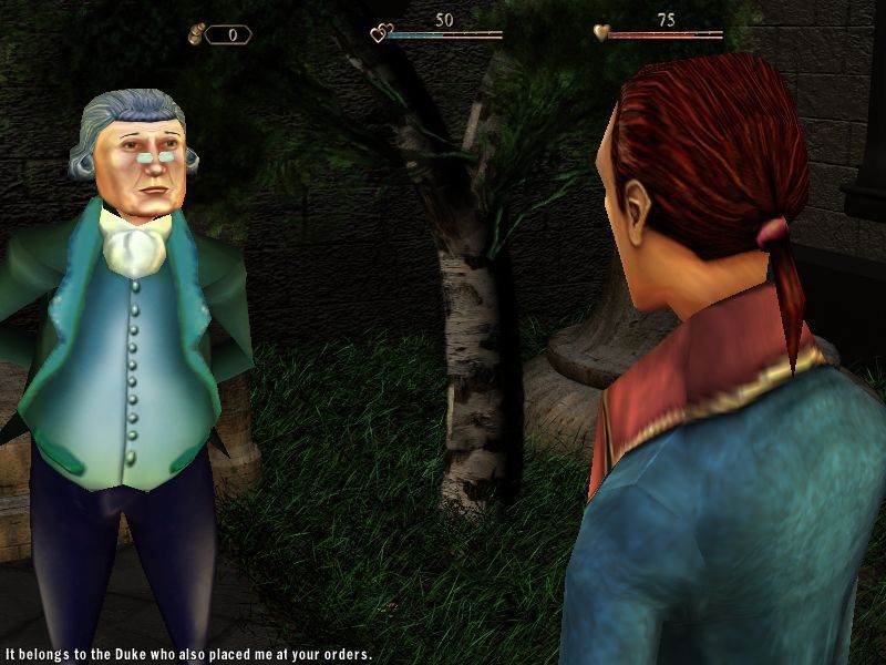 Casanova: The Duel of the Black Rose (Windows) screenshot: The game starts at Duke Grimaldi's house. Casanova has been rescued but his health is still just 50% so he's recovering