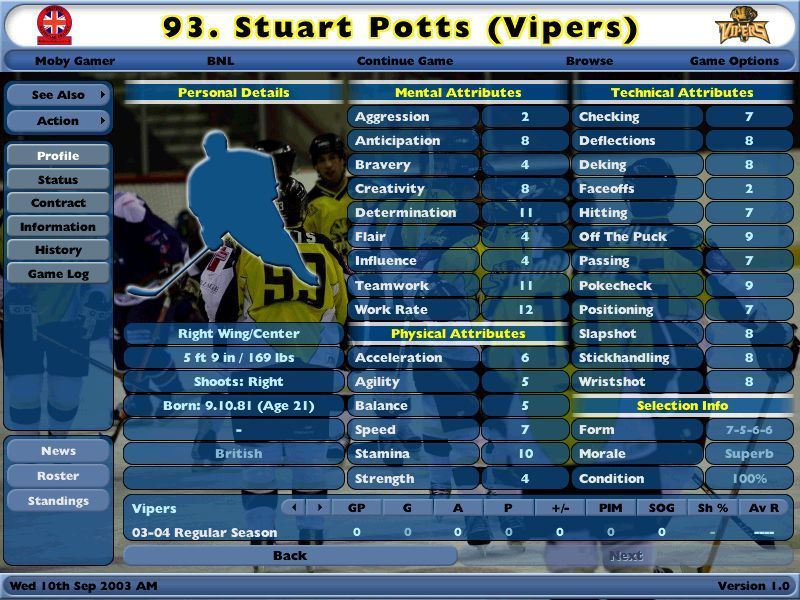 NHL Eastside Hockey Manager (Windows) screenshot: An individual player's stats.<br>So many statistics<br>For some players there are photographs