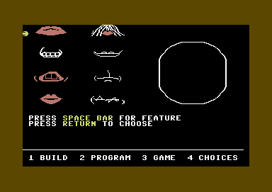 FaceMaker (Commodore 64) screenshot: The disk version has more options for each feature. For instance, here it will give you more lip (mouths). (disk version)