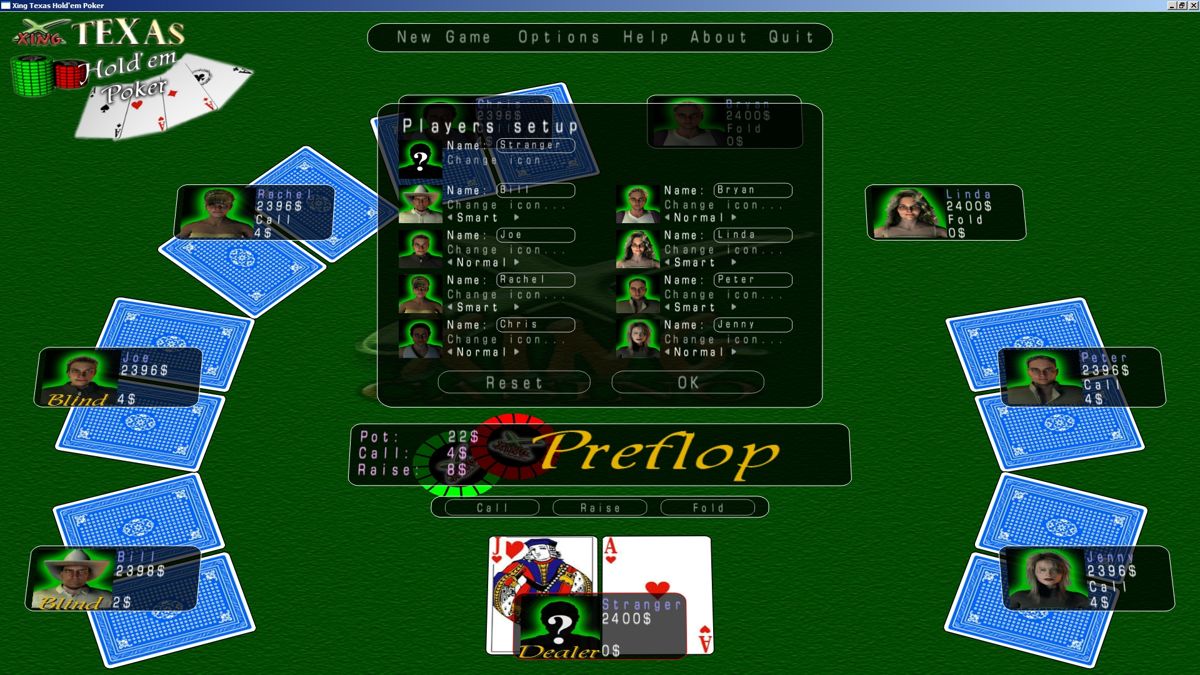 Texas Hold 'Em (Windows) screenshot: The players can be renamed and their skill levels can be adjusted.