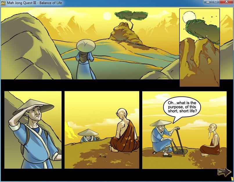 Mah Jong Quest III: Balance of Life (Windows) screenshot: Starting the quest. There are a few screens like this where Kwazi asks a wise man life's big question. The sequence ends with Kwazi returning to his childhood after which the puzzles begin