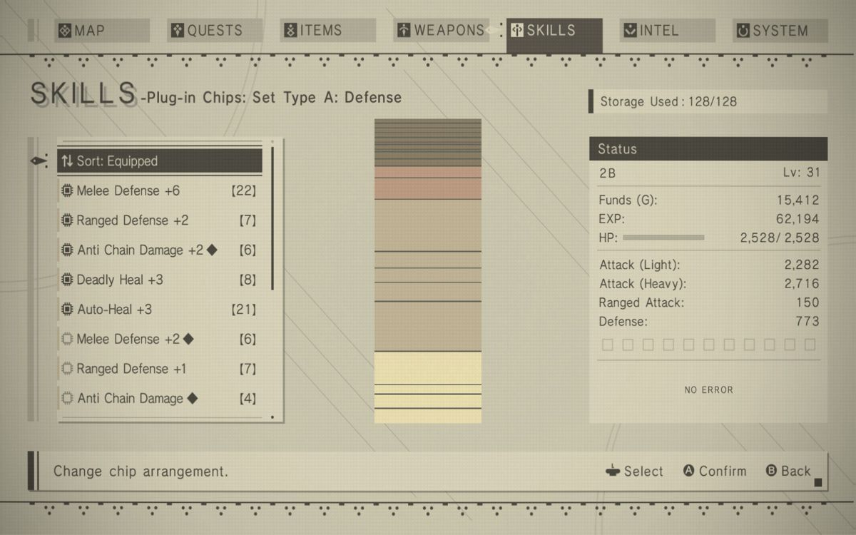 NieR: Automata (Windows) screenshot: You can arrange plug-in chips in various configurations.