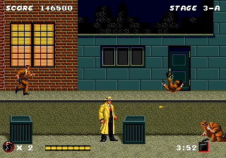 Dick Tracy (Genesis) screenshot: Starting from stage 3-A enemies begin to really gang up on Dick