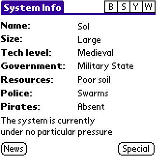 Space Trader (Palm OS) screenshot: System Info