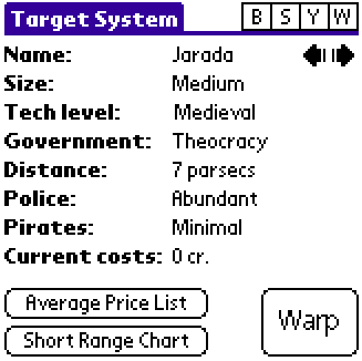 Space Trader (Palm OS) screenshot: Target System