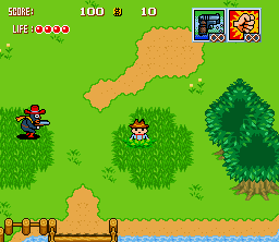 Ganpuru: Gunman's Proof (SNES) screenshot: Right! Hiding in a bush up to your waist is just the right tactics