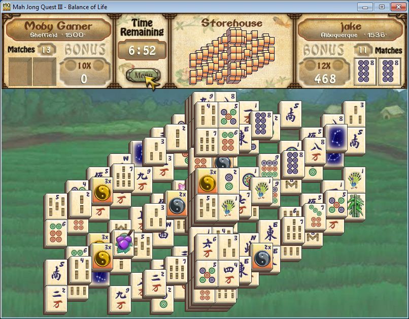 Mah Jong Quest III: Balance of Life (Windows) screenshot: Tournament mode: here the player has been paired with another player in Albuquerque. This is a seven minute game, players are advised to collect gold, silver & bronze coins early to get a high score