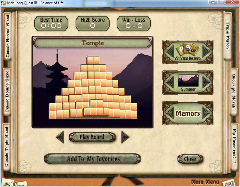 Mah Jong Quest III: Balance of Life (Windows) screenshot: Freeplay mode: Setting up a game.<br>Here a Triple Match game using the Temple pattern has been selected. The player can now select their preferred tile set, background, and game mode