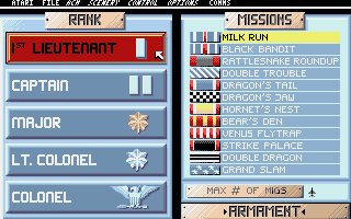Falcon (Atari ST) screenshot: Selecting a mission