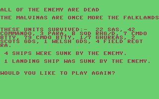 Falklands 82 (Commodore 64) screenshot: We are victorious but 4 of our ships were lost because we failed to capture the enemy air fields fast enough