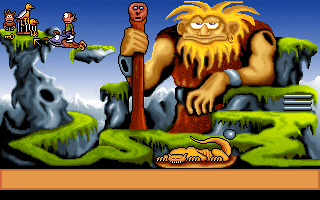 Gobliins 2: The Prince Buffoon (DOS) screenshot: The Giant: Prehistoric bridge building.