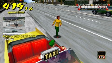 Crazy Taxi: Fare Wars (PSP) screenshot: My first fare: picking up a customer.