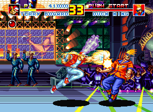 Fatal Fury Special (Neo Geo CD) screenshot: Terry Bogard's Burn Knuckle may not have looked as powerful back then as it does now, but, even then, it still packed quite a wallop and quite a punch!