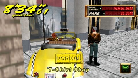 Crazy Taxi: Fare Wars (PSP) screenshot: You have reached your destination, the T-Shirt Shop (Crazy Taxi 2).