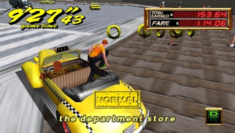 Crazy Taxi: Fare Wars (PSP) screenshot: Dropping off a customer. Erm, those rings look very familiar... (Crazy Taxi 2)